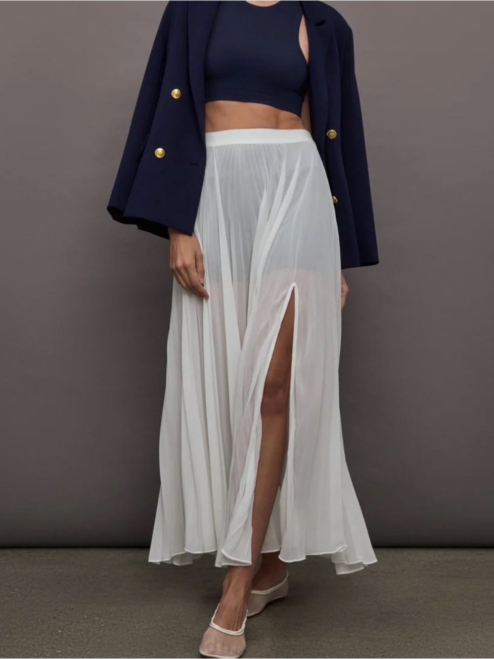 Carbon38 White Sheer Pleated Maxi Skirt with High Side Slit